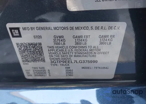 2020 GMC Sierra 1500 4Wd Short Box At4 from USA, damaged, VIN 3GTP9EEL7LG375999